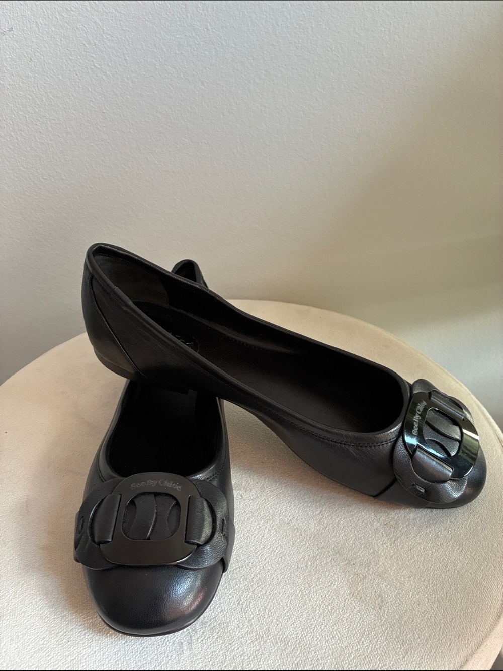 See By Chloe Black Leather Flats with Branded Buckle